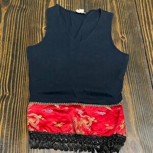 Eyeshadow Black and Red Tank Top with Asian Dragon Print and Fringe - vintage